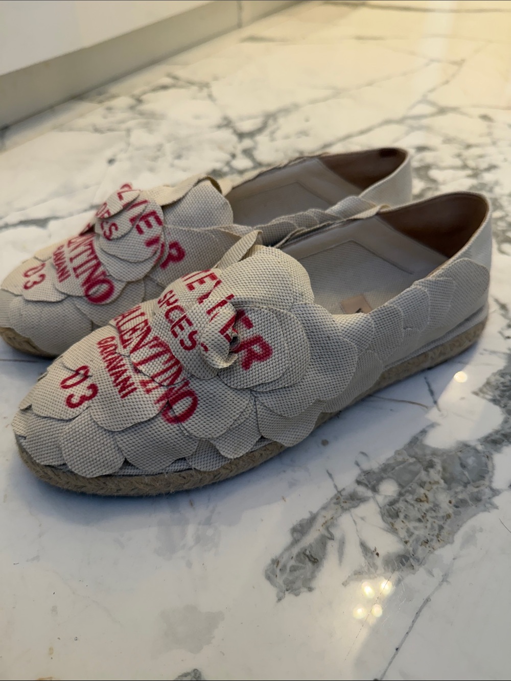 Valentino Garavani Cream Canvas Espadrilles with Red Logo Embroidery